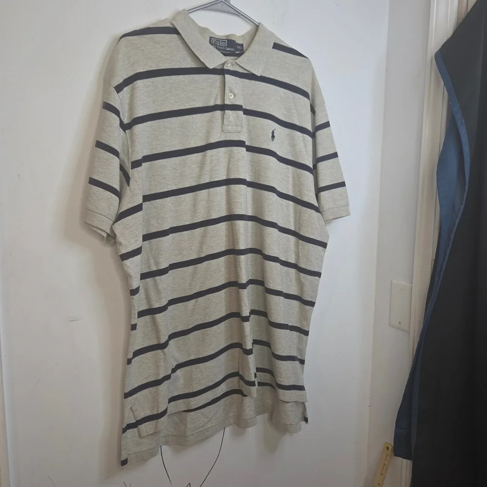 Polo Ralph Lauren Mens XXL Grey Navy Blue Striped Cotton Short Sleeve Polo Shirt
